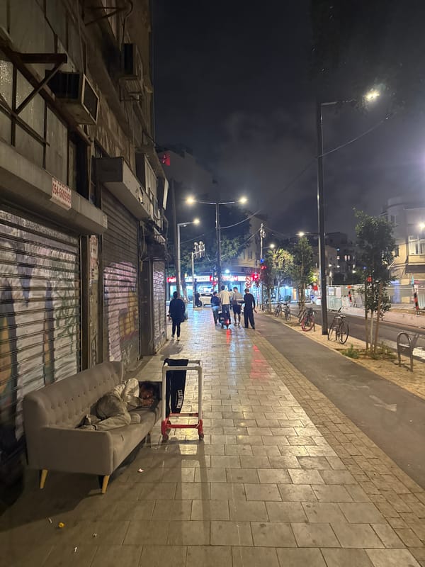 Nighttime urban scenes documented across Tel Aviv neighborhoods