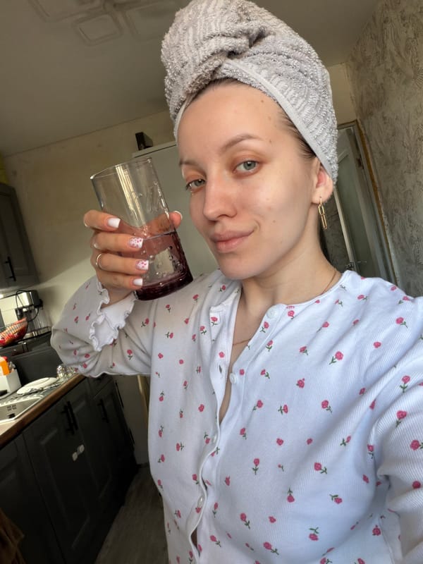 Woman documents morning routine with skincare and family time