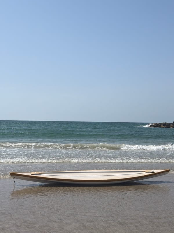 Surfboard spotted on Tel Aviv beach under clear skies