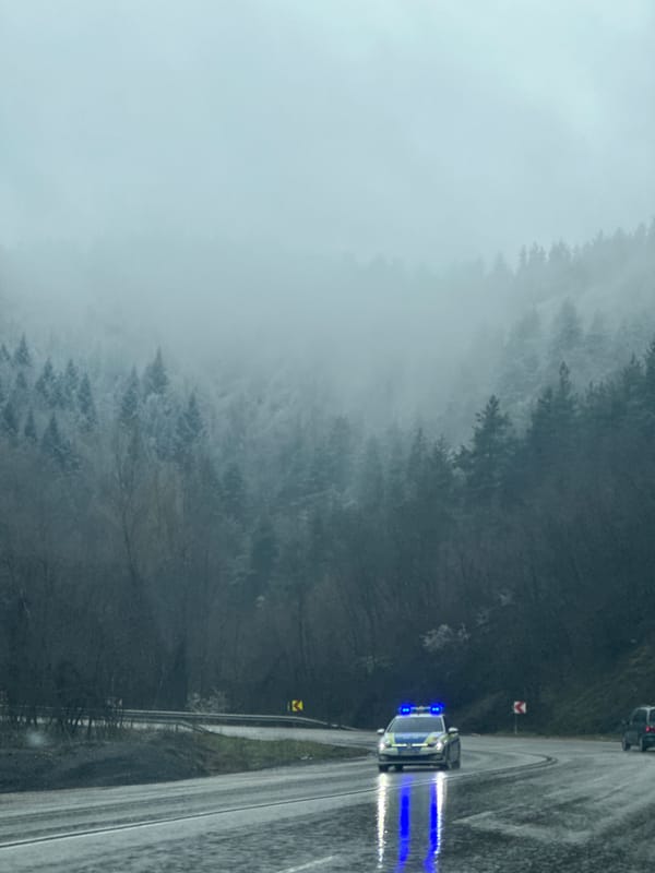 Police car travels wet Bulgarian road amid misty conditions