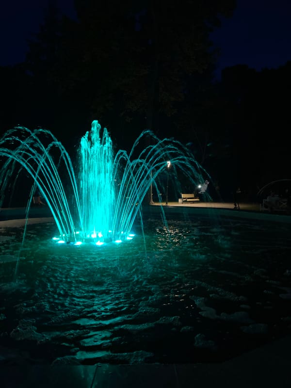 Poltava city center at night: fountains, cafes, and lit streets