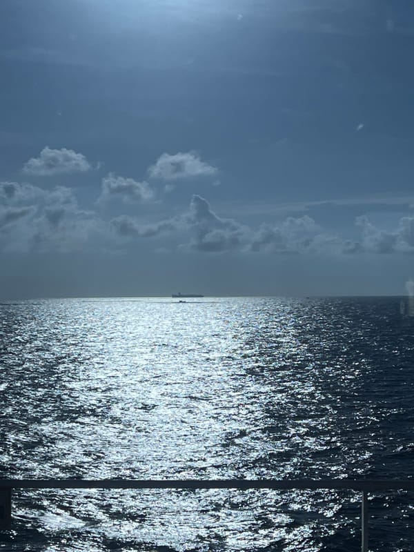 Sunlight reflects across open ocean under a midday sky