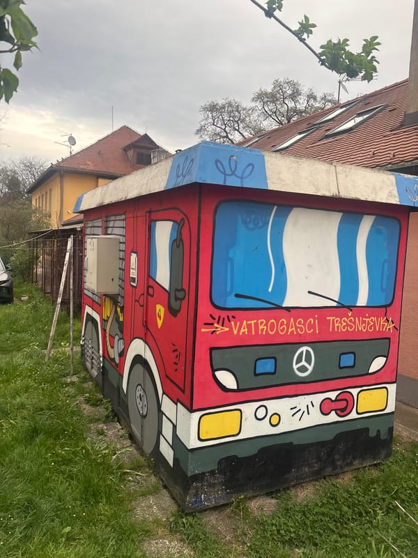 Fire truck artwork spotted on utility box in Zagreb