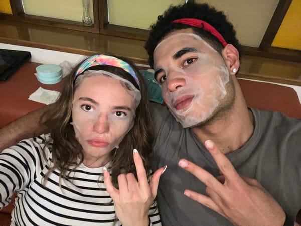 Couple enjoys facial mask skincare routine in Mexico home