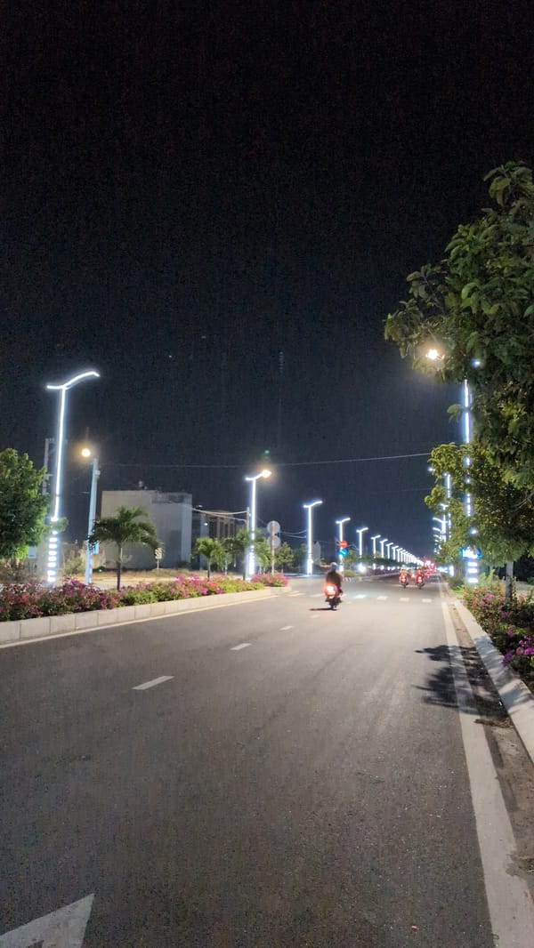 Night street scene captured in Phan Rang city, Vietnam