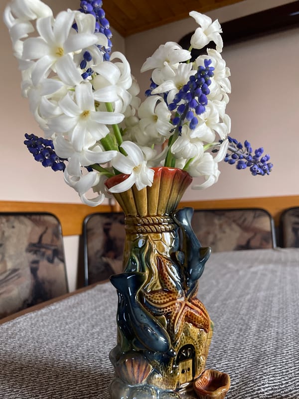 White and purple flower bouquet displayed in Bulgarian home