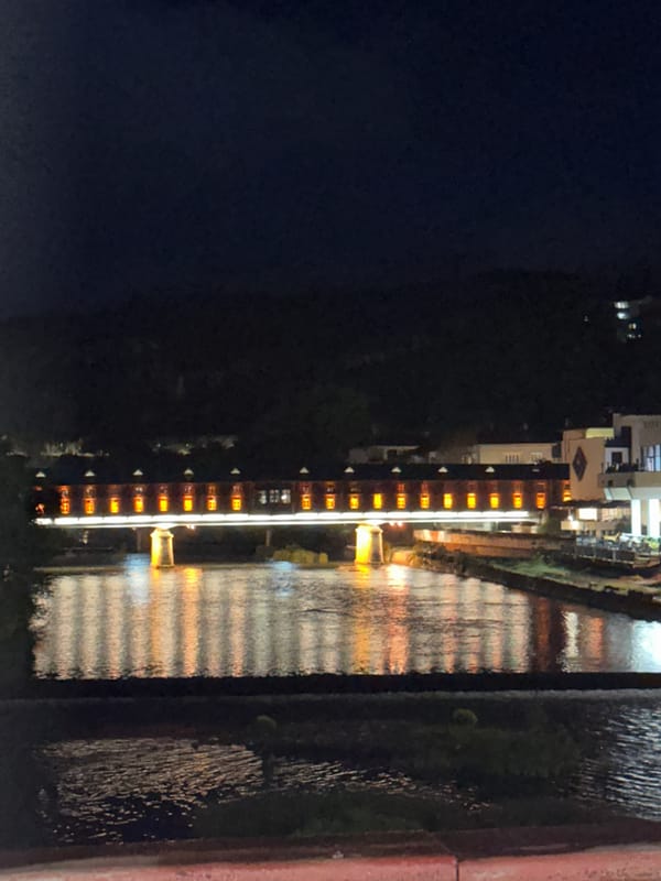 Illuminated bridge photographed at night in Lovech, Bulgaria