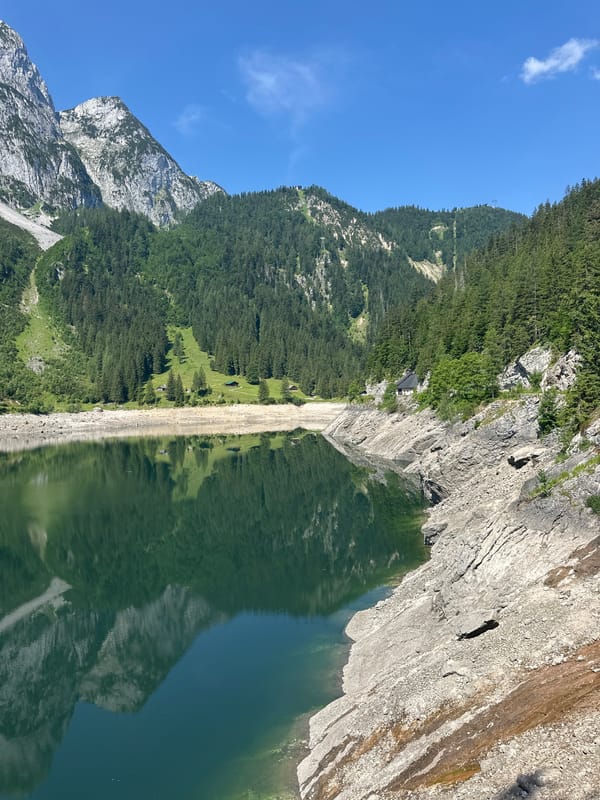Sunny morning at Gosausee with butterflies and alpine reflections