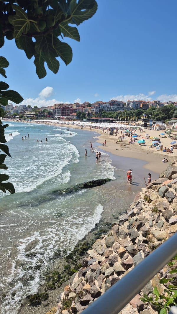 Sozopol's Old Town beaches, streets, and seafront on a busy summer morning