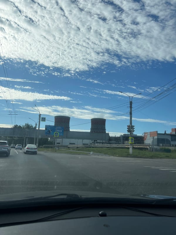 Driving past Cheboksary's power plant cooling towers