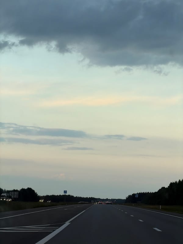Evening highway drive through rural Russia under heavy clouds