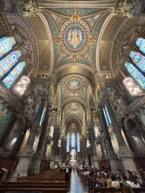 Visitor documents Lyon's Notre-Dame de Fourvière Basilica and historic staircase