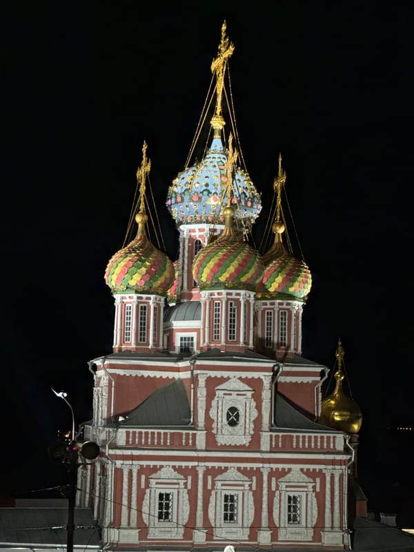 Nizhny Novgorod's illuminated church towers at night
