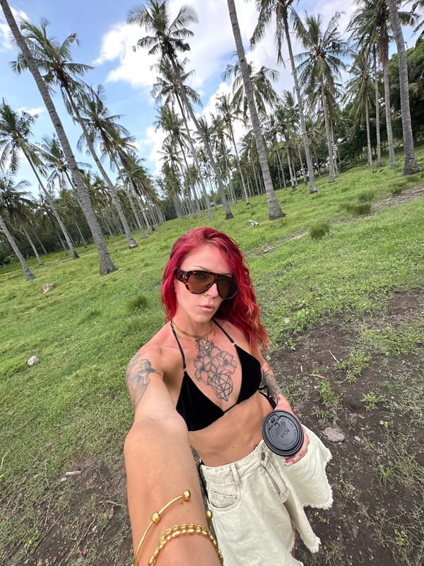 Woman enjoys morning coffee in tropical Indonesian setting