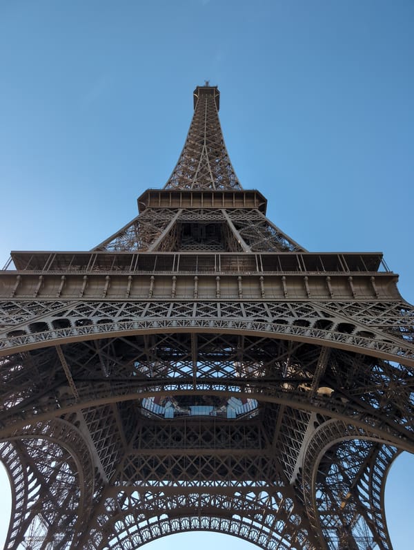 Up-close look at the Eiffel Tower from directly below