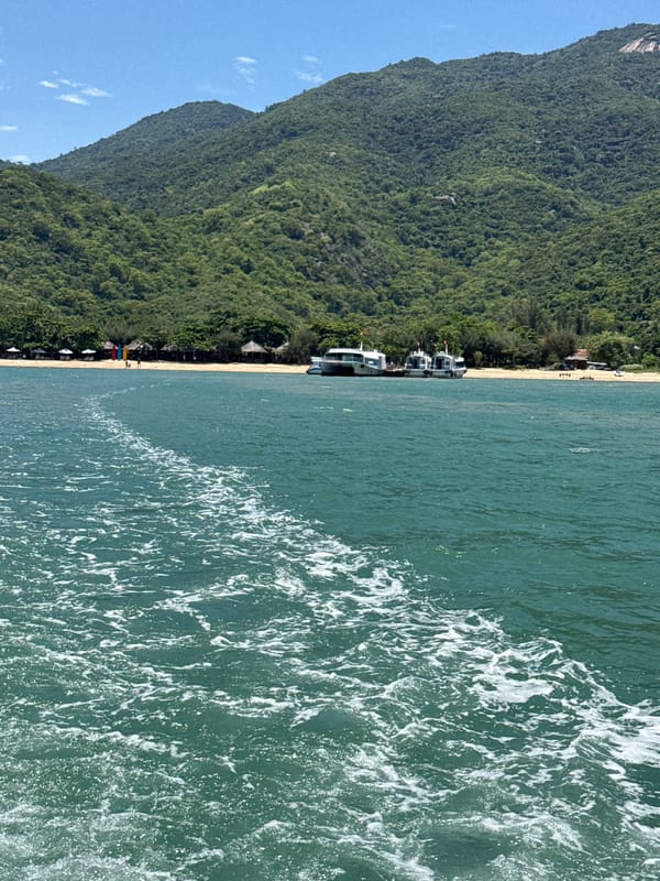 Calm morning at a Vietnamese beach backed by green hills