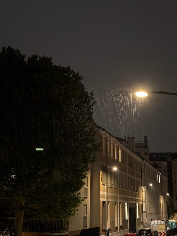 Stormy night in Paris: rain, lightning, and rooftop activity