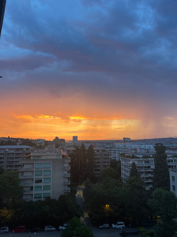 Geneva skyline glows under a dramatic dusk sky