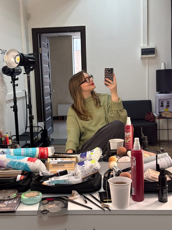 Woman takes selfie at beauty studio in Izhevsk