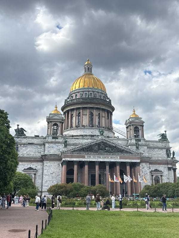Tourist activity around St. Isaac's Cathedral in Saint Petersburg