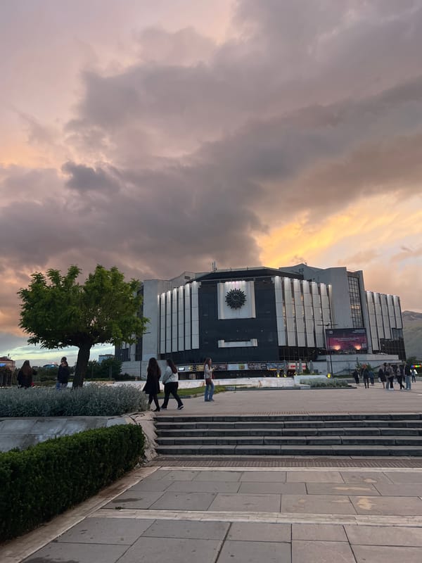Evening documentation of Sofia's National Palace of Culture at sunset