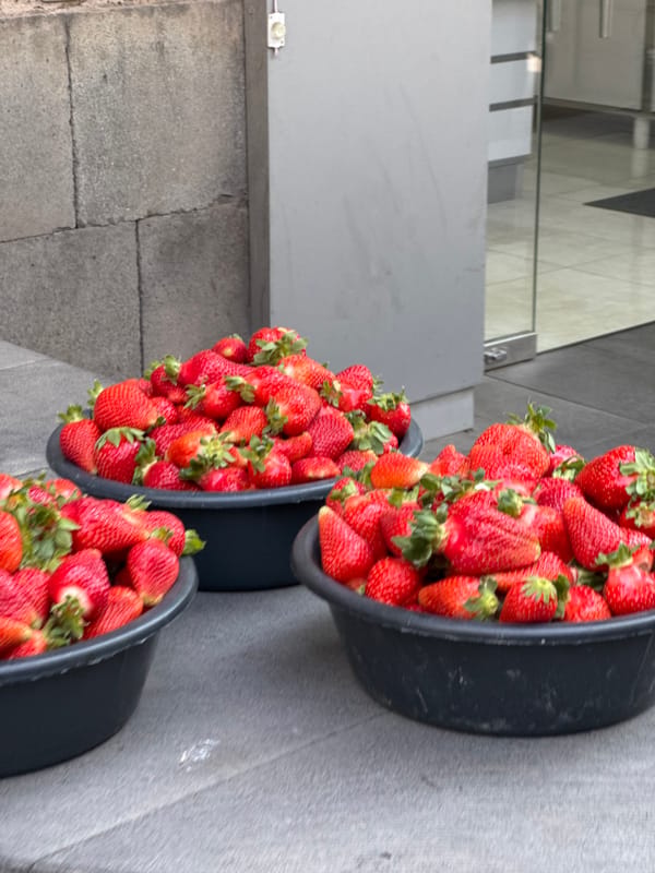 Fresh strawberries displayed in buckets on Yerevan street