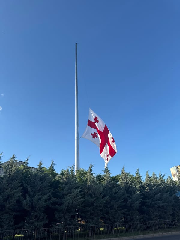 Georgian flags at half-mast near a mural-covered Tbilisi apartment block