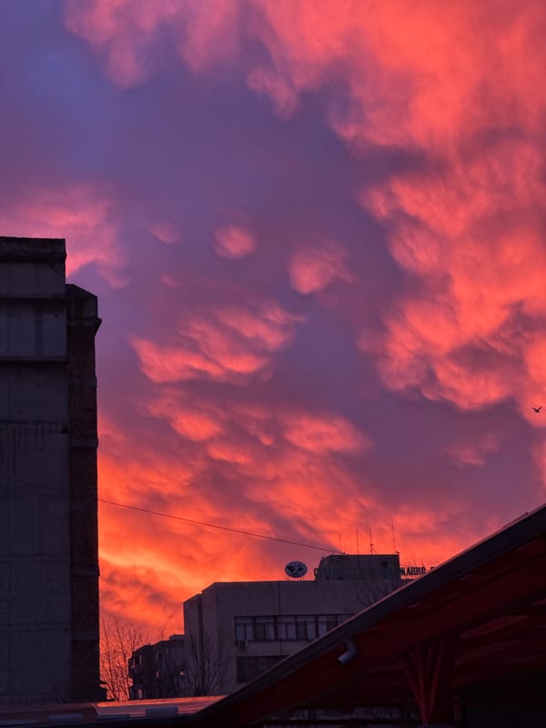 Colorful sunset photographed over Shumen, Bulgaria construction site