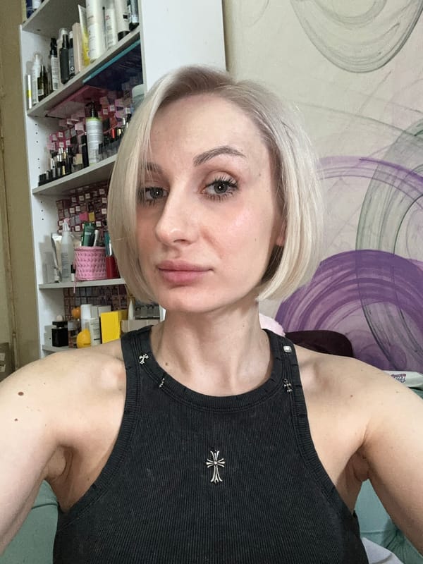 Woman photographed near beauty products in Pushkino, Russia