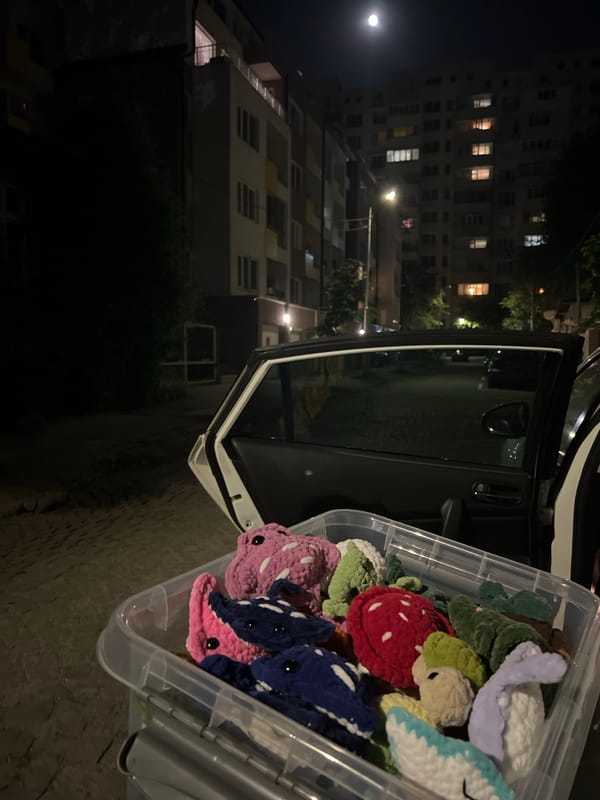Crocheted toys distributed from car near Sofia landmarks