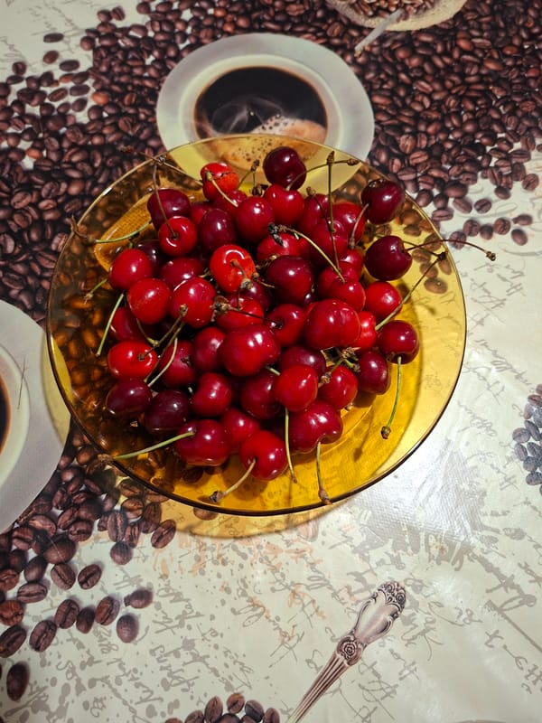 Fresh cherries on glass plate in Gabrovo