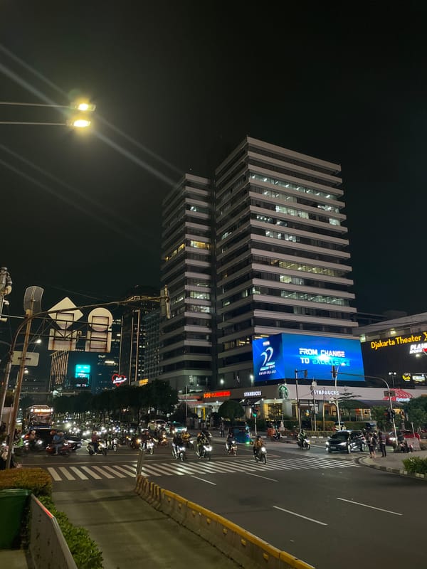 Central Jakarta nighttime traffic and pedestrian activity documented