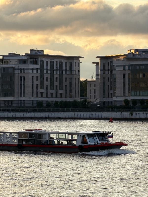 Saint Petersburg at golden hour, landmarks and waterways glowing