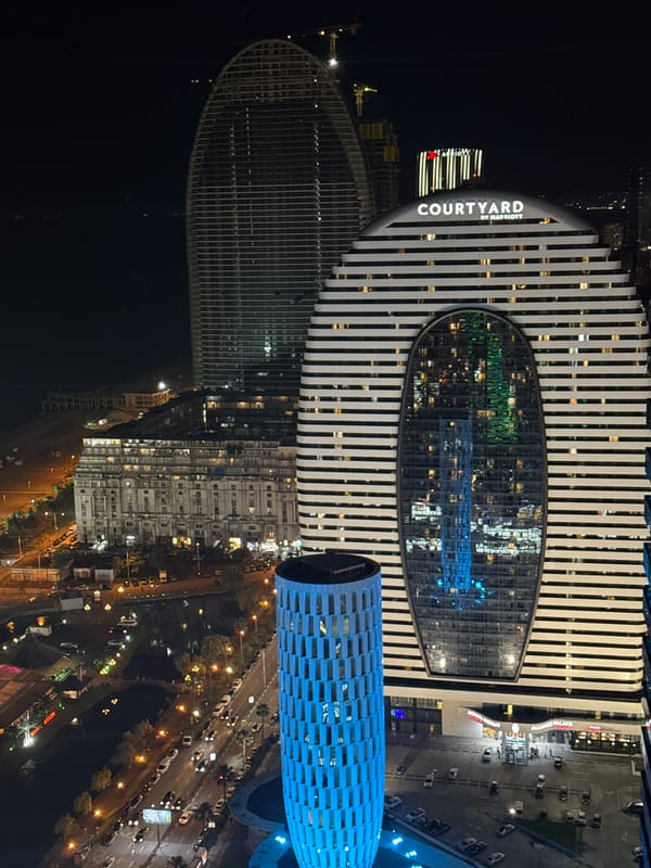 Batumi's lit-up skyline and coastline from the air at dusk