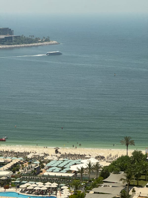 Aerial view of a Dubai resort sitting along the Arabian Gulf