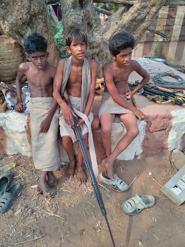 Historical reenactor and children spotted in Dupadu village