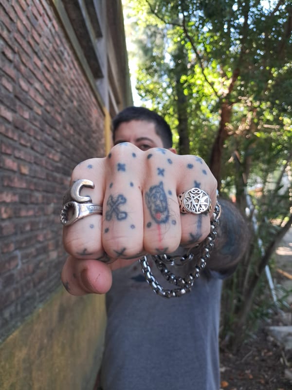 Tattooed fist and maroon flower photographed in Vicente López