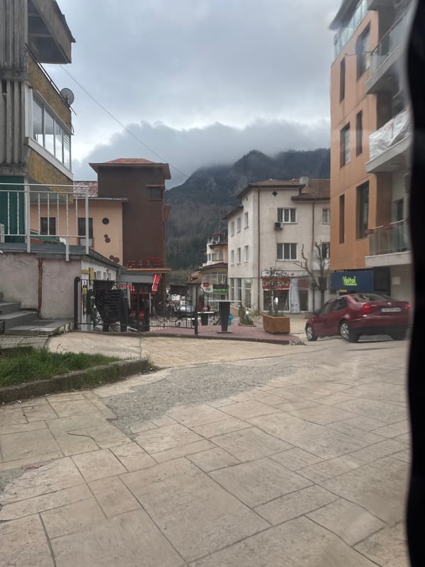 Street scene captured from vehicle in Smolyan, Bulgaria