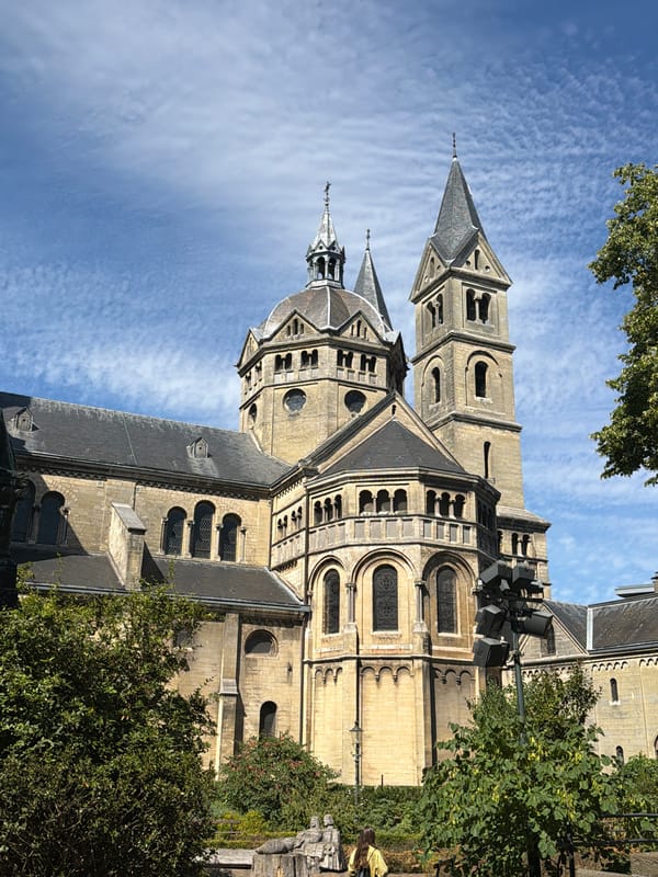 Historic multi-spired stone church in Roermond, Netherlands