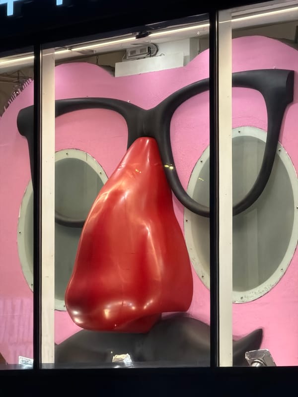 Large pink cartoon character spotted through Moscow window