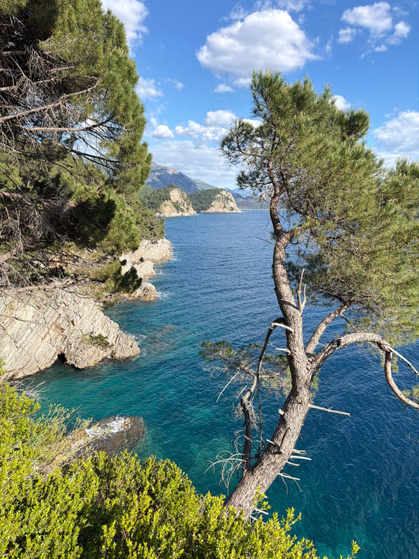 Coastal views captured along Montenegro's Adriatic cliffs near Petrovac