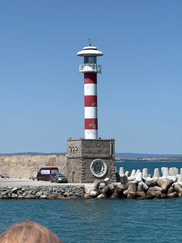 Port of Burgas lighthouse and harbor, seen from land and sea