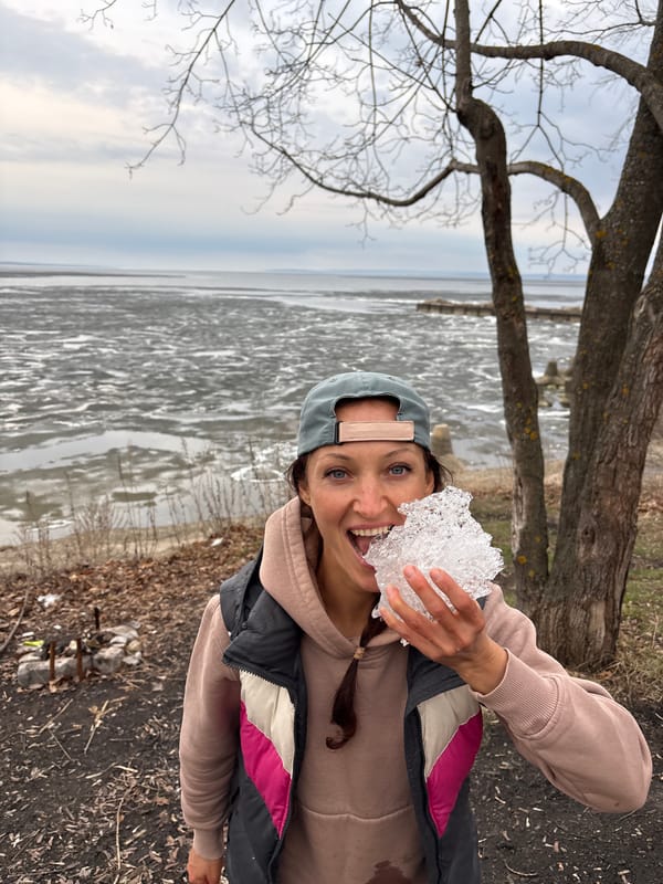 Woman explores icy Volga River shoreline with dog in Ulyanovsk