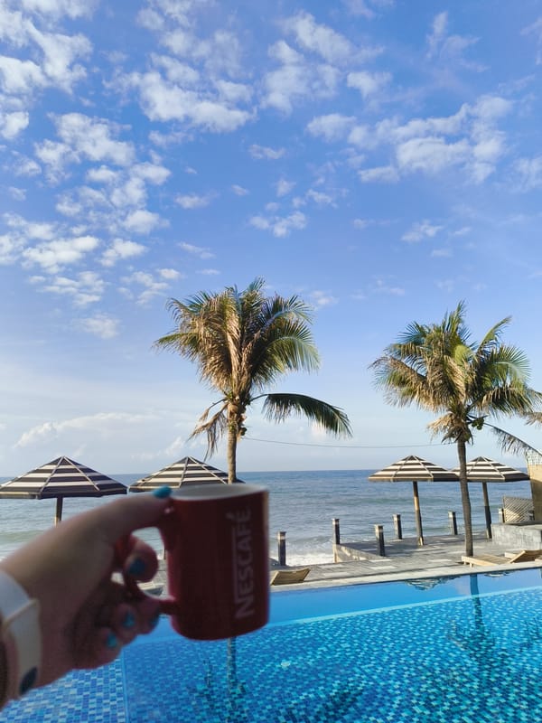 Lazy resort morning by the infinity pool in coastal Vietnam