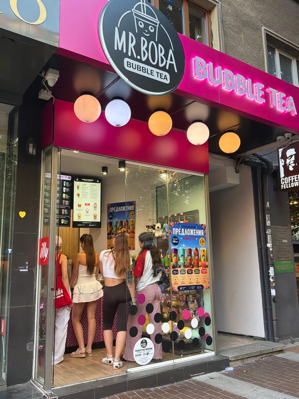 Pink bubble tea shop front in Sofia, Bulgaria