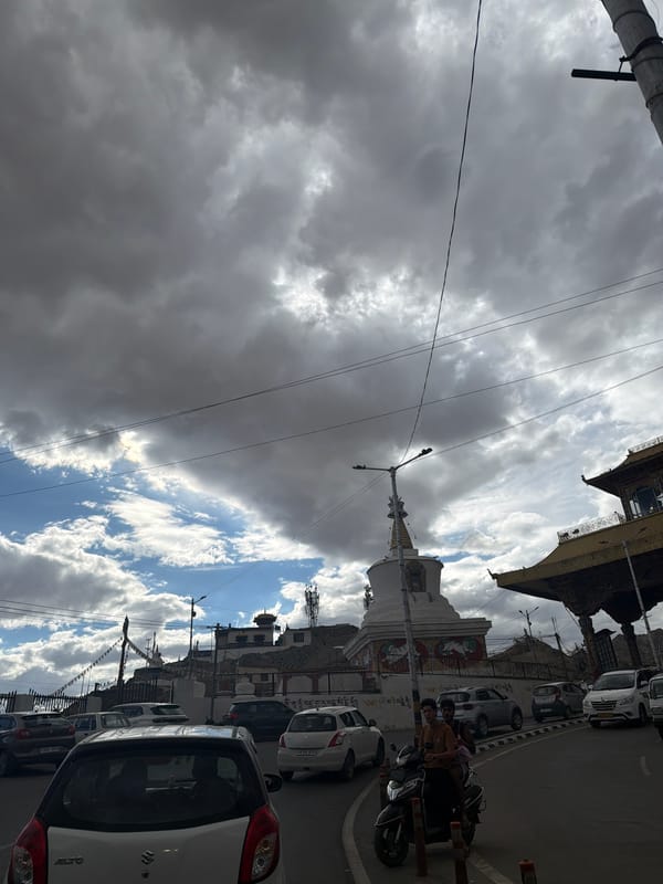 Leh streets and Tibetan Buddhist architecture on a cloudy morning