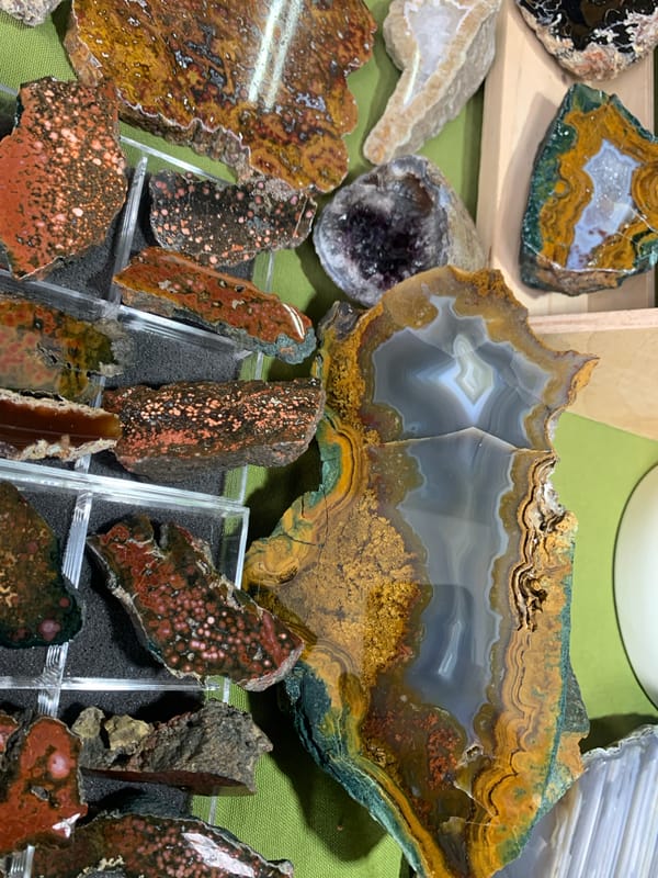 Person examines agate specimens and minerals in Sofia