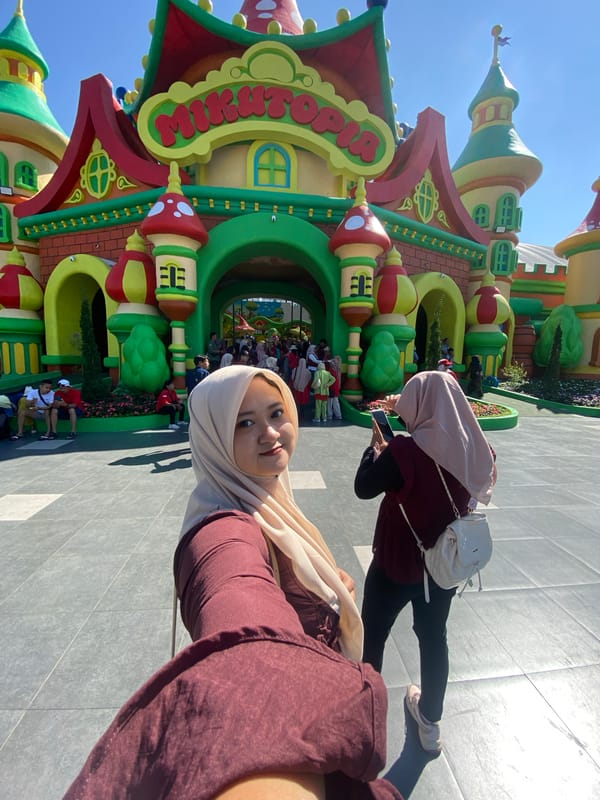 Family group visits Jatim Park 3 theme park in Batu, Indonesia
