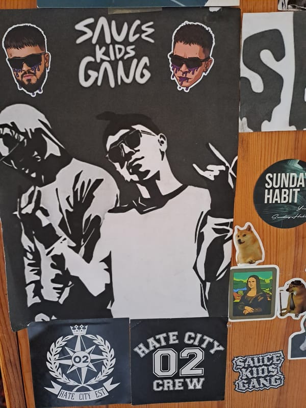 Sticker-covered wooden surface documents Sofia street and fan culture