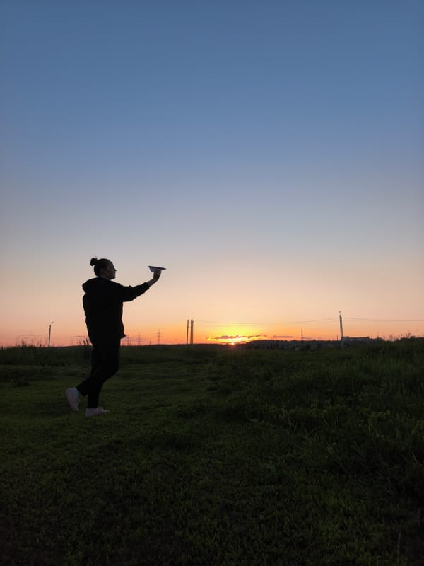 Person plays with paper airplane in field at sunset